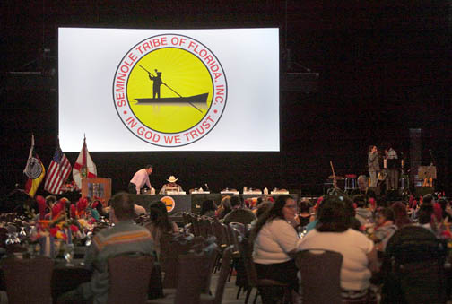 Tribal citizens gather Jan. 9 at the Hard Rock Live concert arena turned conference hall for the Tribe’s annual shareholders meeting.