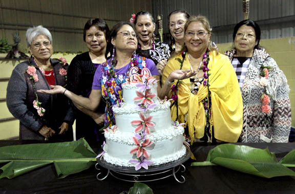 From left, Hannah Billie, Jennie Martinez, Linda Beletso, Jeannette Cypress, Mary Jene Koenes, Deloris Jimmie Alvarez and Susie Jumper, aka the ‘60s babes,’ are stars of the show Jan. 23 at a Hawaiian luau that not only celebrated each of their 60th birthdays but their 60 years of forever friendship.