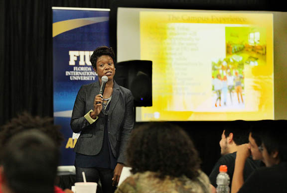 Courtenay McClain, Florida International University’s director of Student Access and Success, speaks to students and parents Feb. 4 about the Seminole Tribal Scholars Pathway Program.
