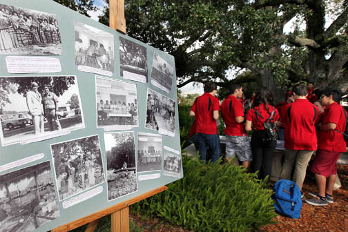 Historical photographs that depict the history of the Council Oak tree in Hollywood are displayed for band students of Cooper City High School to help prepare for a performance of a symphonic work that honors the tree, the Tribe and a poem called ‘The Council Oak’ written by Moses Jumper Jr.  