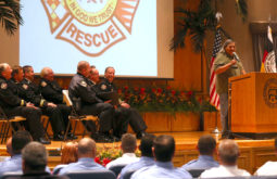 Big Cypress Board Rep. Joe Frank addresses the Class of 16-01 during the Seminole Tribe's Fire Rescue graduation May 6 in Hollywood. 