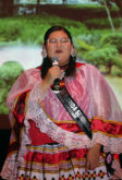 Miss Florida Seminole contestant Kirsten Doney sings “This Land is My Land”, written by Woody Guthrie, in Creek for the talent portion of the Miss Florida Seminole Pageant.