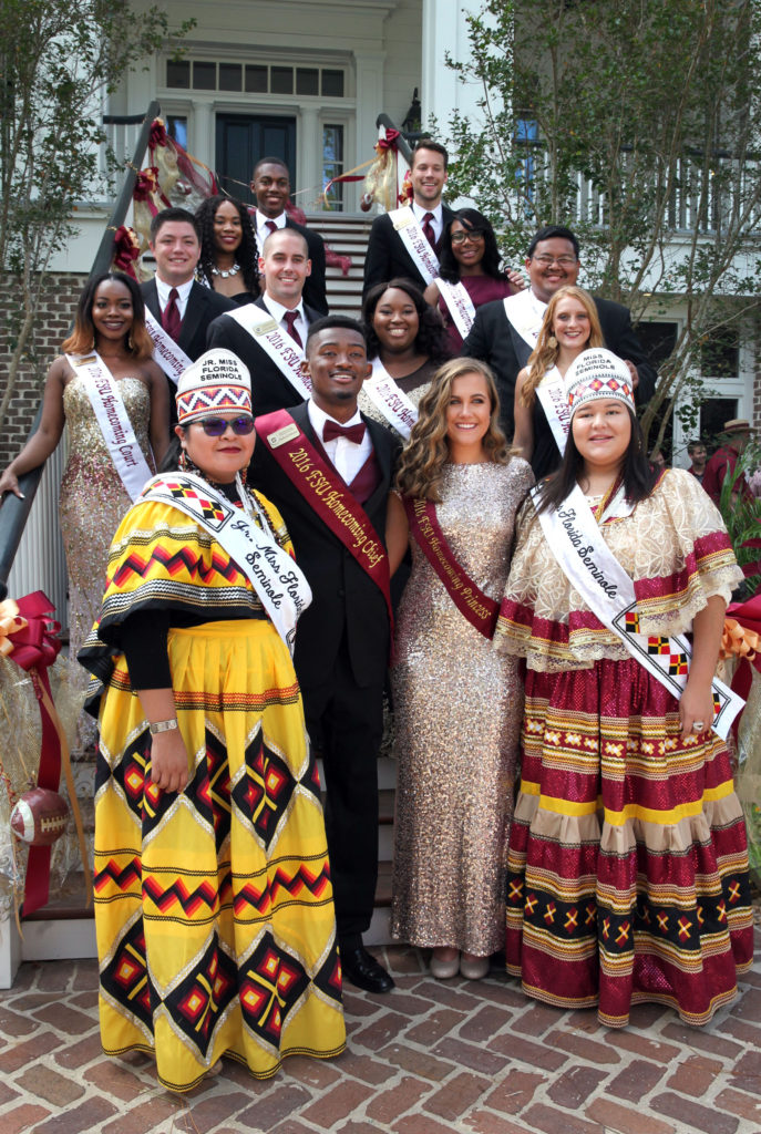 Miss Florida Seminole Kirsten Doney and Jr. Miss Florida Seminole Thomlynn Billie pose with FSU’s Homecoming Chief, Princess and Court during the President’s Tailgate Reception.