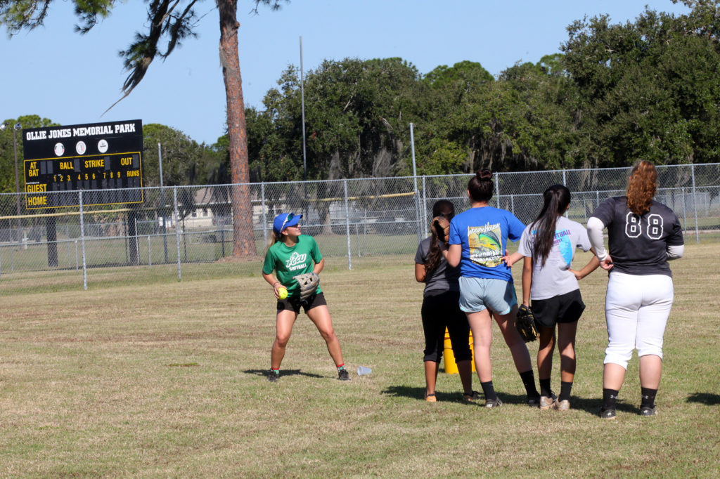 FGCU's Carissa LiCata, of Okeechobee, provides outfield instruction during a clinic on the Brighton Reservation. (Kevin Johnson)
