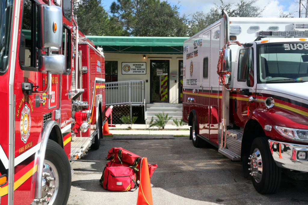 Seminole Tribe Fire Rescue vehicles are parked in front of the Fire Rescue station on the Immokalee Reservation. The station is housed in the former Seminole Police Department site. (Beverly Bidney photo)