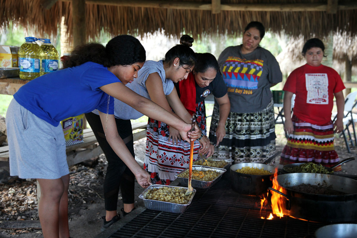 Teamwork makes the work in the cooking chickee easier as campers and culture employees make an enormous amount of macaroni and cheese. Markayla Cummings, Ashley Faz, Cecilia Garcia, America Ramirez and Mary Jane Martinez are pictured. (Beverly Bidney photo)