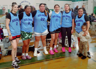 The Native Soldiers team at the Battle of Nations is, from left to right, Shae Pierce, Alicia Fudge, Skyla Osceola, Analysse Stockton, Krystle Young and Tasha Osceola. The child is Sky Hope Osceola.